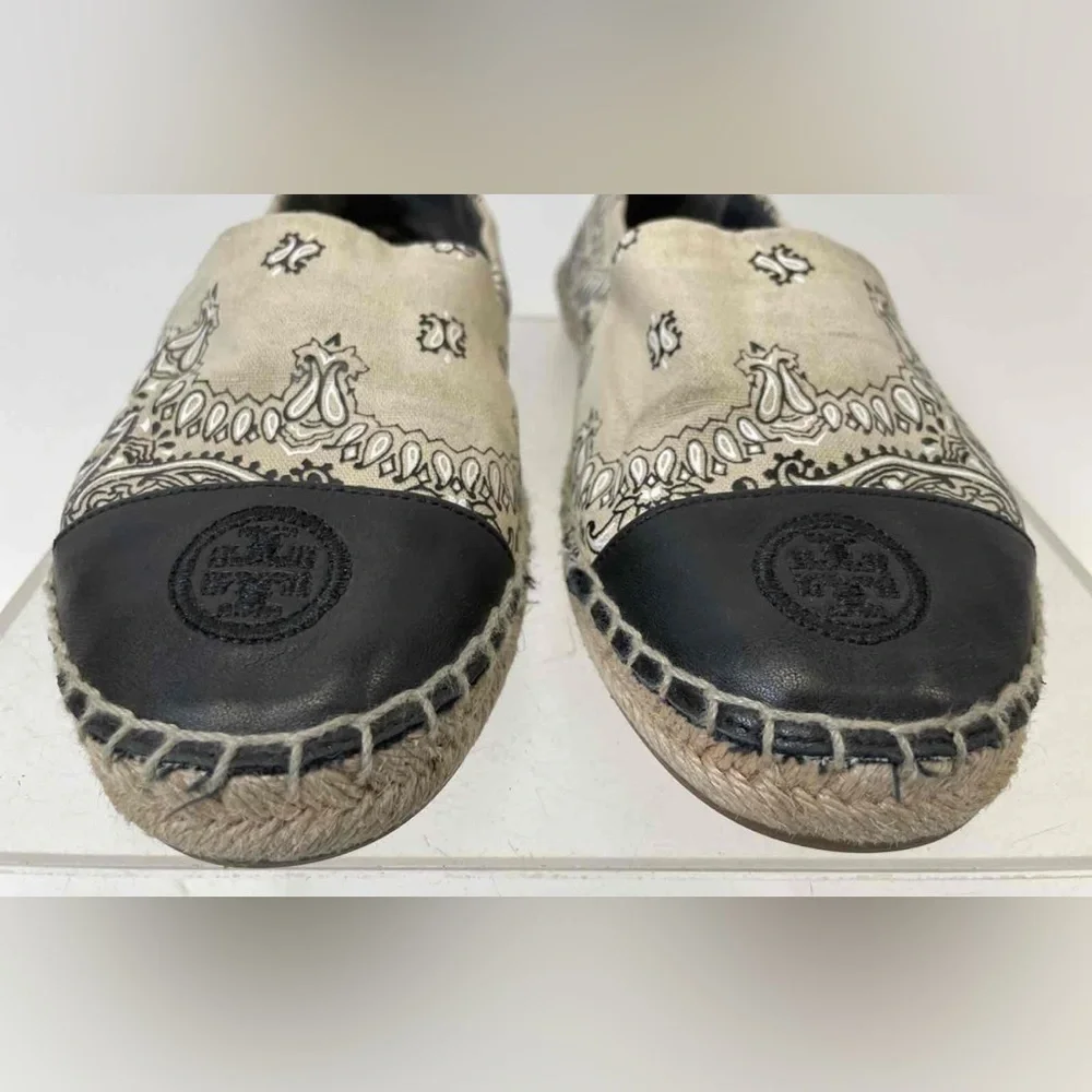 TORY BURCH IVORY AMERICANA BANDANA‎ COLOR BLOCK FLAT ESPADRILLE 7.5